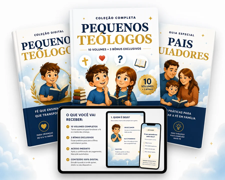Coleção Pequenos Teólogos — capas, tablet e celular mostrando o conteúdo real